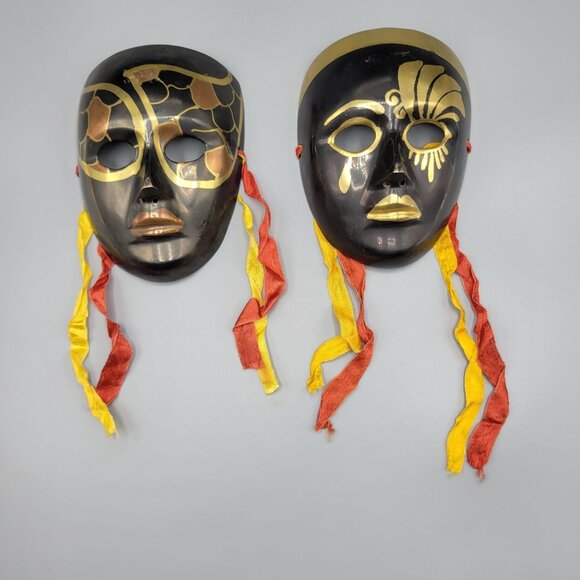 Vintage Decorative Brass Metal Wall Masks Set Of 2 Black With Gold Accents - Picture 4 of 9